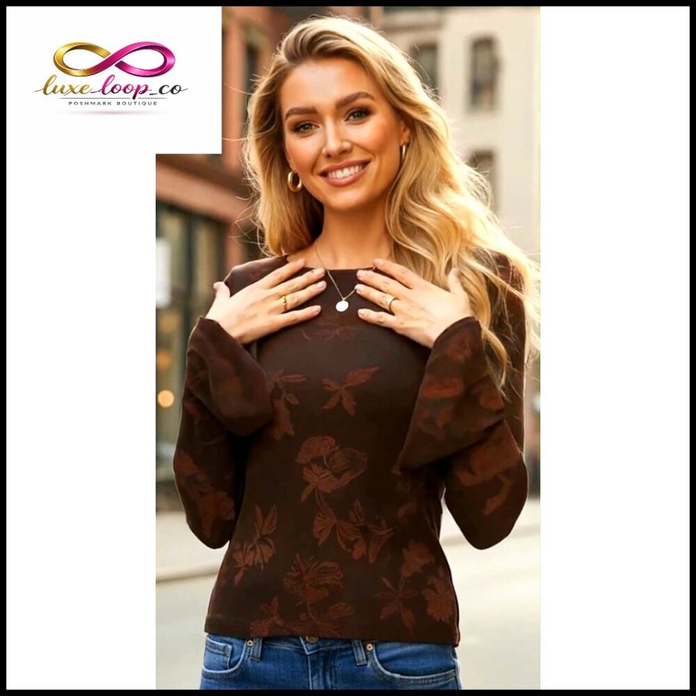 Mesh Bell Sleeve Blouse Slim Fit Floral Top Women's Long Sleeve - Picture 7 of 7